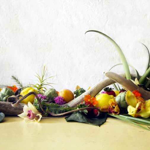 An Edible Centerpiece Accented With Driftwood, Flowers, Succulents & Air Plants