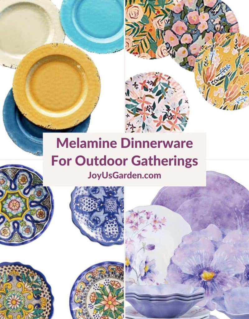 a collage of 4 different melamine dinnerware options the text reads melamine dinnerware for outdoor gatherings joyusgarden.com