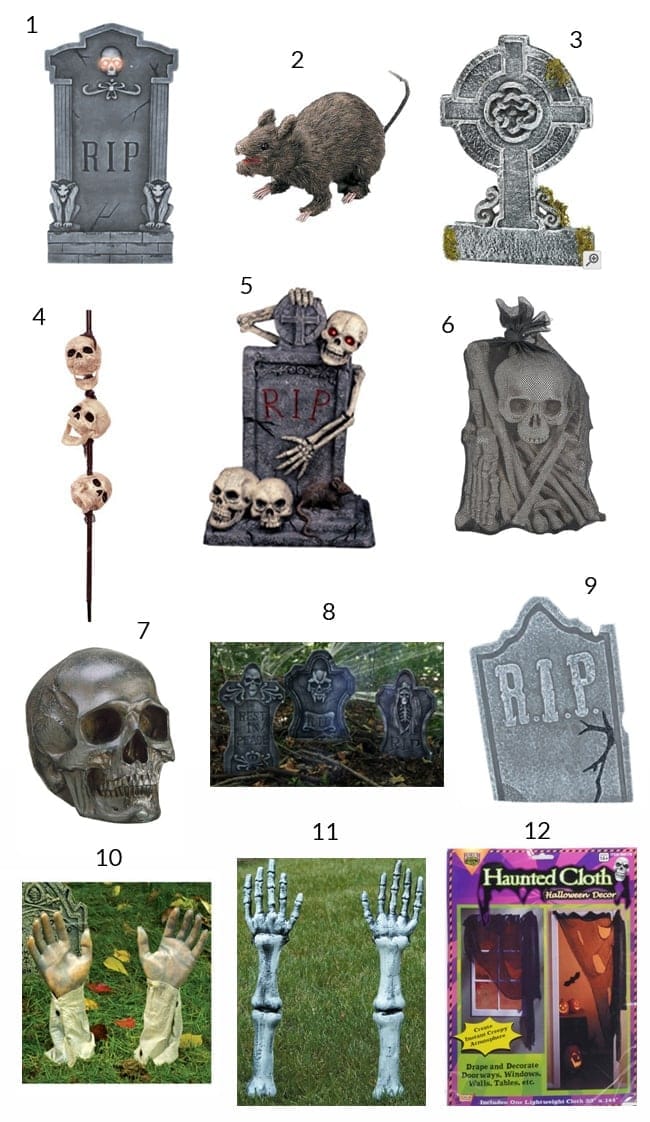 props & materials needed to create a spooky halloween graveyard scene numbered in a collage