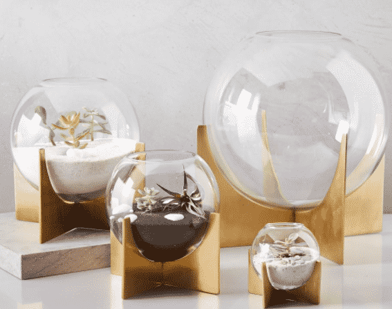 four glass globe terrariums on metal bases to buy at west elm