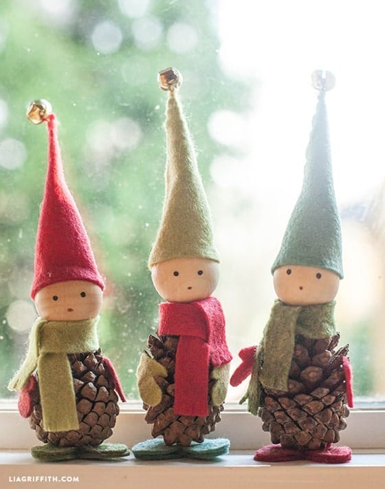 Felt and Pine Cone Elves, 3 elves shown