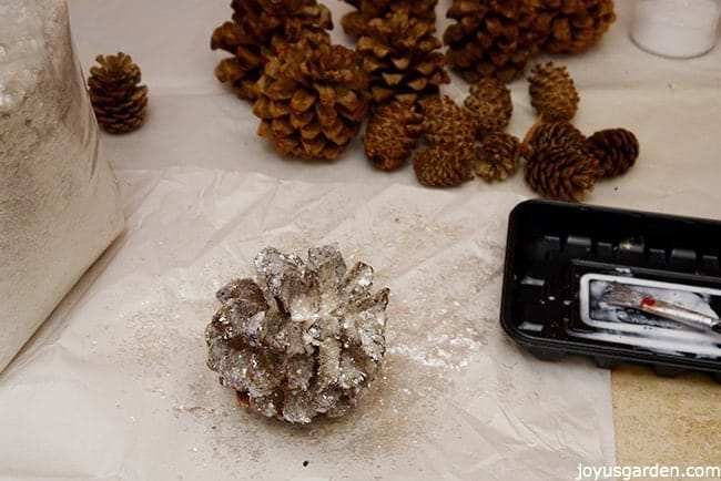 1 crystal glittered pine cones sits in front of a tray with a brush & glue, plain pine cones, & a canister of glitter there is a large bag of glitter next to the pine cone