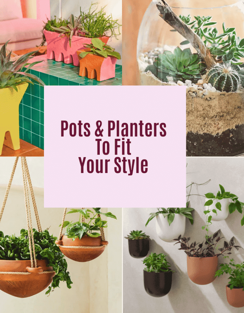 a collage of 4 different planters with plants in them the text reads pots & planters to fit your style