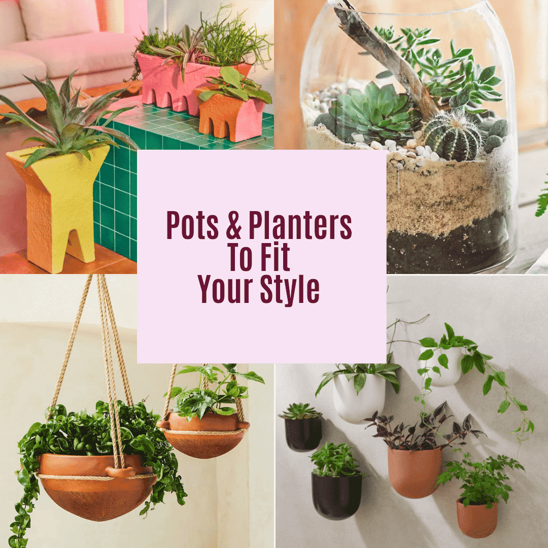 a collage of 4 different planters with plants in them the text reads pots & planters to fit your style
