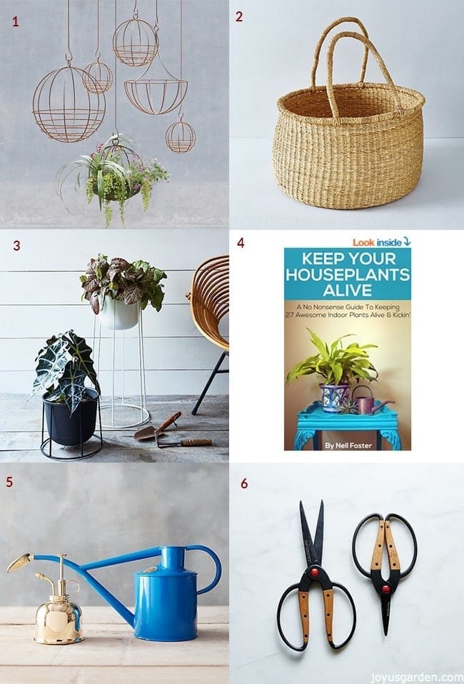 Collage with gifts for indoor gardeners and houseplant lovers includes hanging wire baskets, big woven basket, plant stand, houseplant care book, watering cans & scissors 