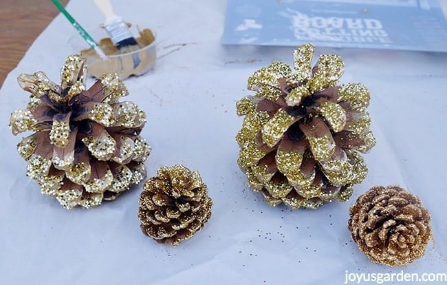 2 sizes of pine cones are painted gold & glittered with 4 different types of gold glitter