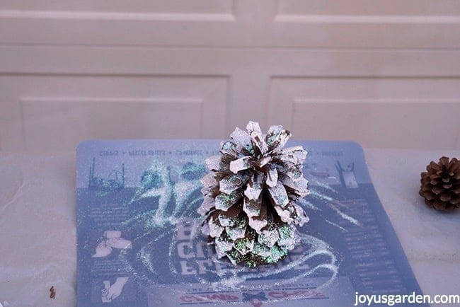 A pine cone brushed with white paint & sprinkled with glitter sits on a flexible cutting board