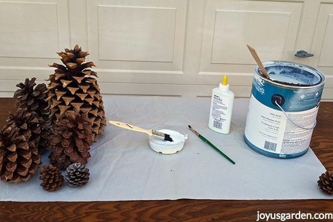 An assortment of pine cones sit next to a dish filled with paint & glue. Also on the table are a container of glue & a can of house paint