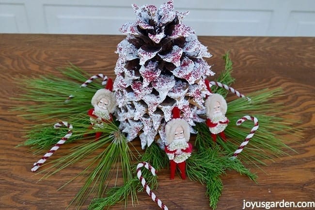 Large coulter pine cone is painted white with crystal & red glitters. Greens, candy canes & santas surround the cone