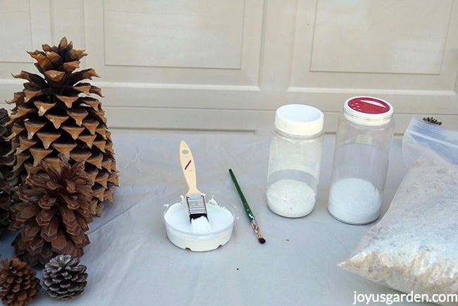 pine cones, a saucer with white paint, glue & a brush sit on a table next to 3 types of white glitters