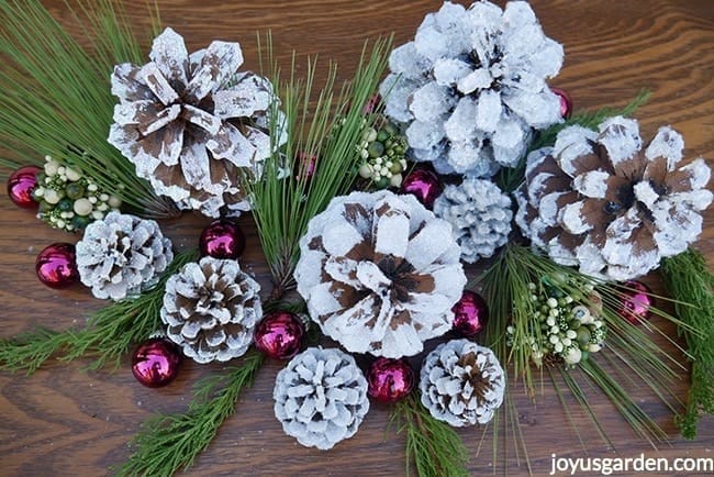 close up of white glittered pine cones accented with glass balls, berry balls & evergreens branches