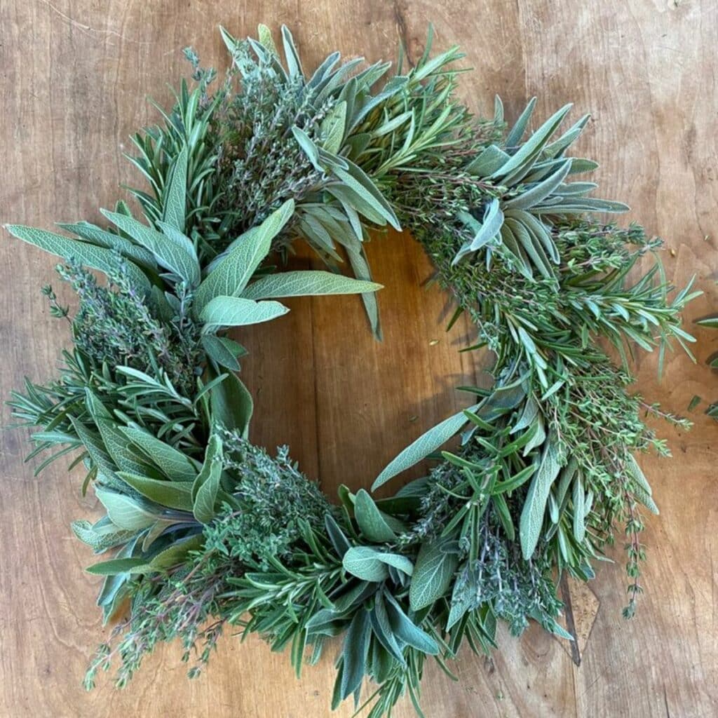 herb wreath using a variety of herbs from the garden