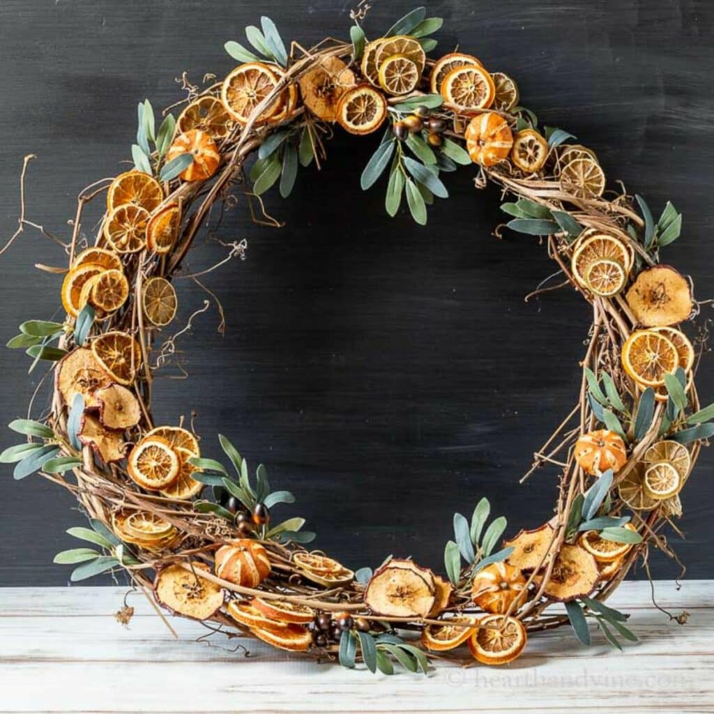 natural dried fruit wreath using oranges and citrus and eucalyptus leaves