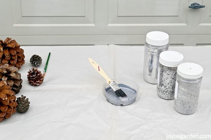 Pine cones, a saucer with silver metallic paint & a brush & 3 different types of silver glitter sit on a piece of white paper