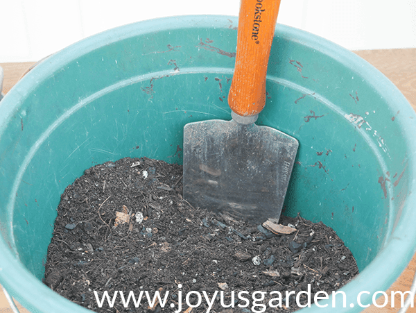 a teal blue pail with soil mix in it holds a submerged trowel