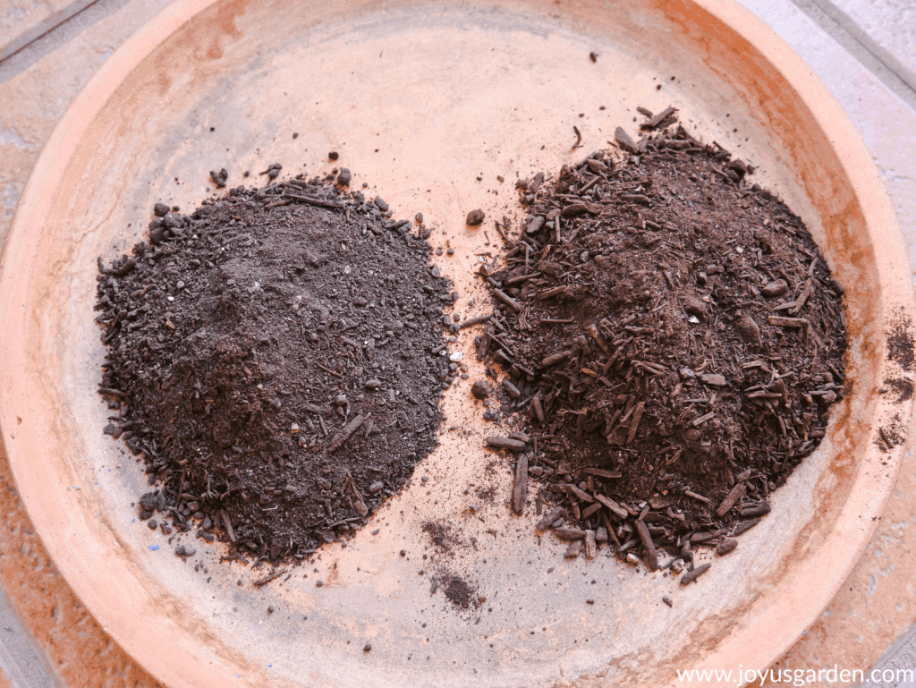 a terra cotta saucer holds a pile of worm compost & a pile of compost