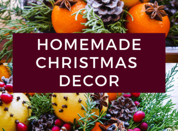 close up of citrus fruits studded with spices, evergreen branches & cranberries the text reads homemade christmas decor