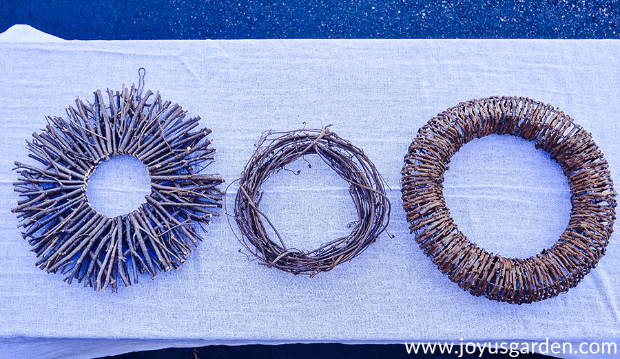 close up of 3 different types of vine & twig wreaths