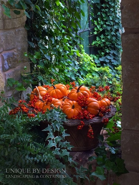 an outdoor planter filled with orange pumpkins & bittersweet berries for fall