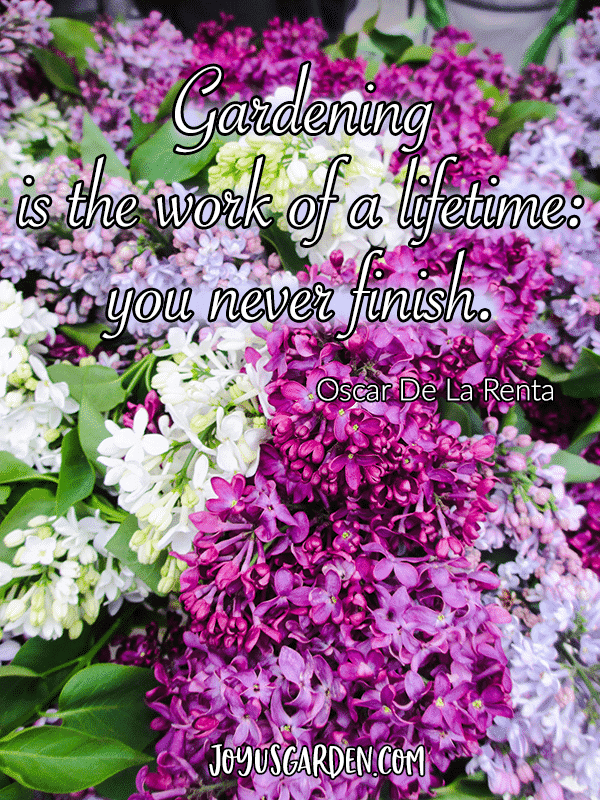 white lavender & purple lilacs with the quote gardening is the work of a lifetime you never finish