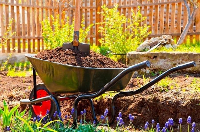 a small wheel barrow full of dirt holds a shovel in the garden