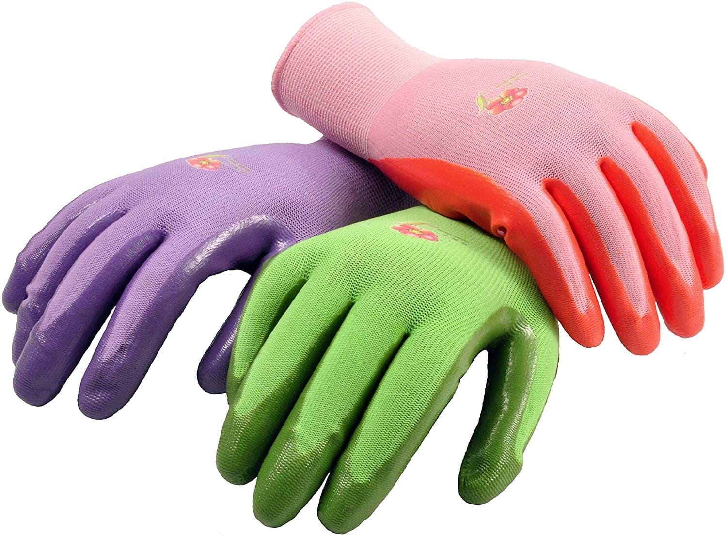 Three gardening gloves shown in purple green and pink from Amazon