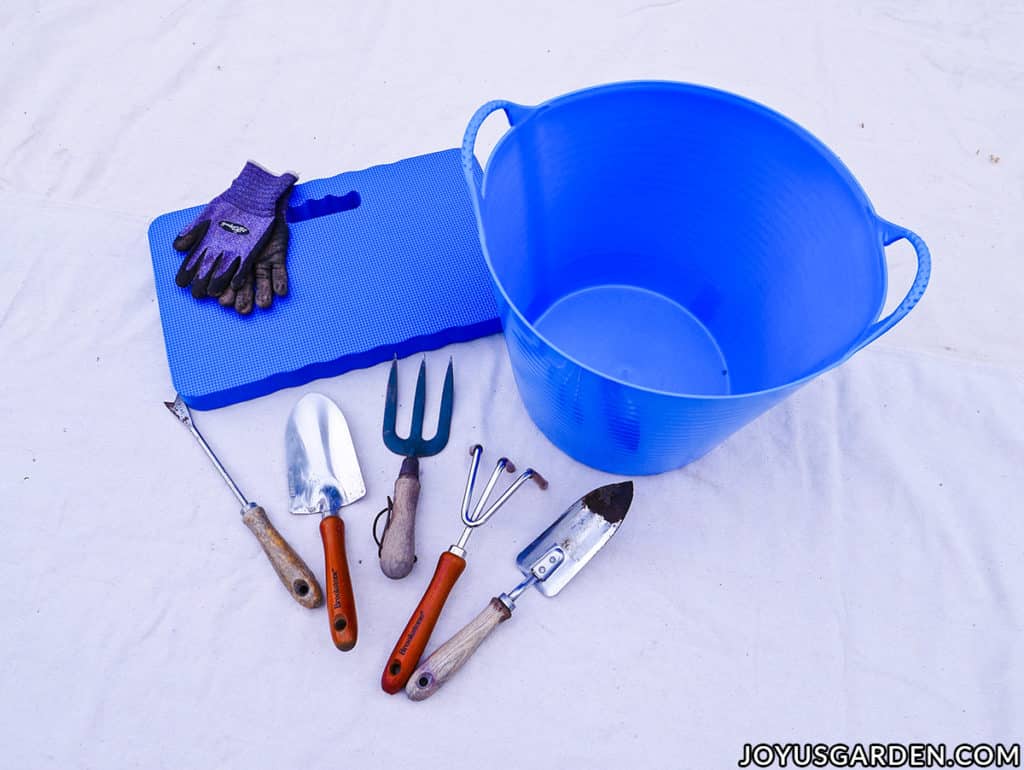 Kneeing pad, tub trug, garden gloves & hand tools for gardening.