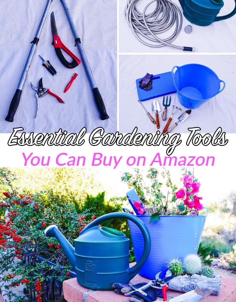 a collage featuring tools used for gardening the text reads essential gardening tools you can buy on amazon