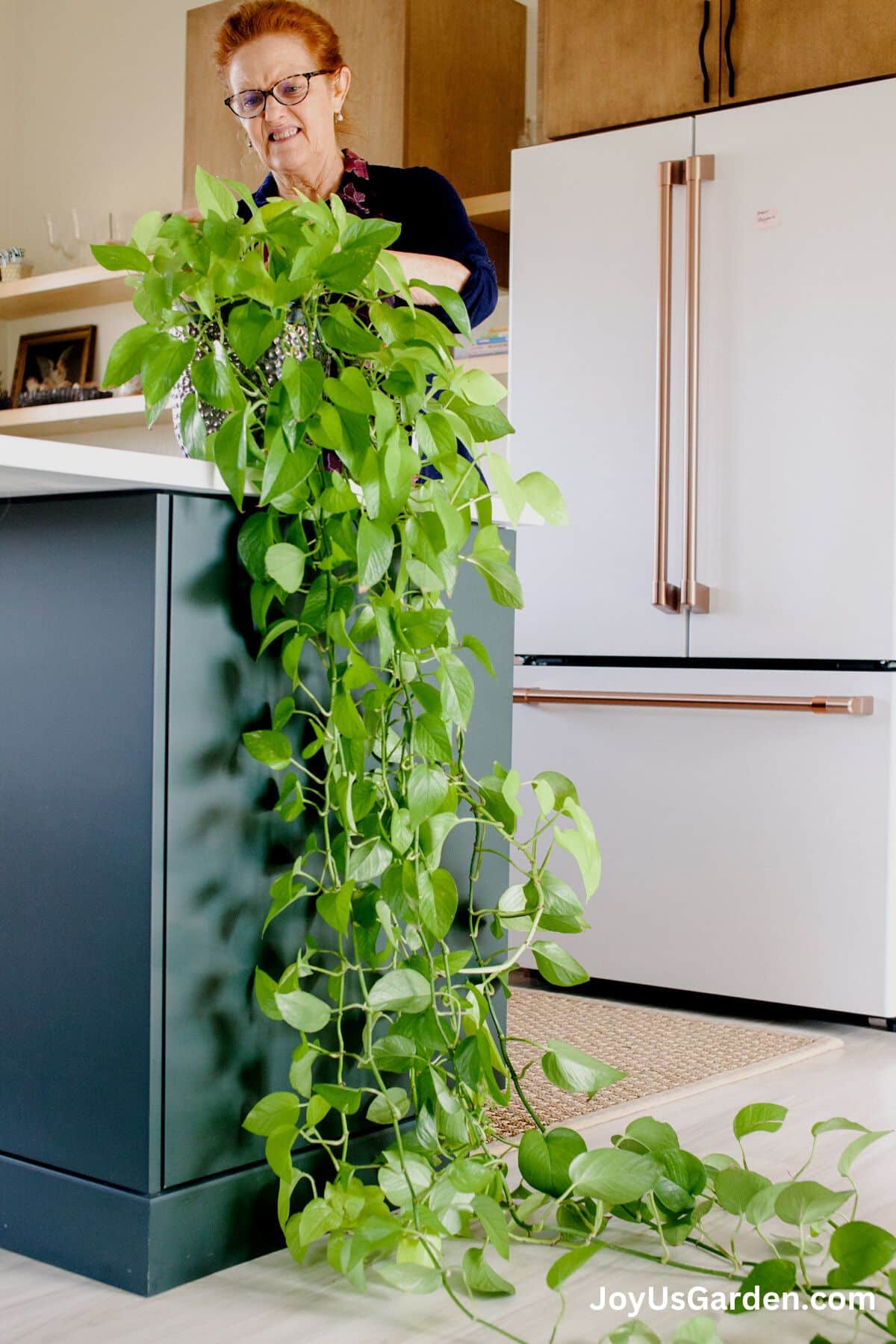 nell foster standing at ktchen counter looking down at a long trailing neon pothos in bright kitchen