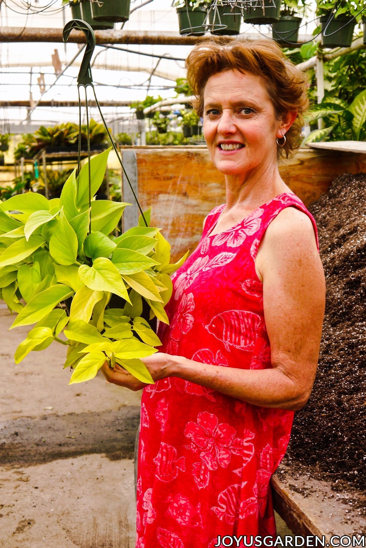 nell foster in a pink dress holds a vibrant neon pothos