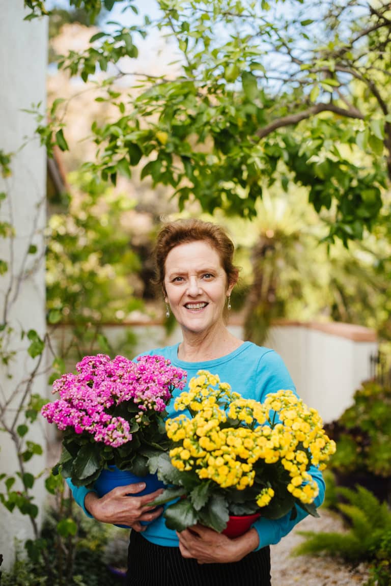 nell foster holds a pink calandiva plant & a yellow calandiva plant in her garden