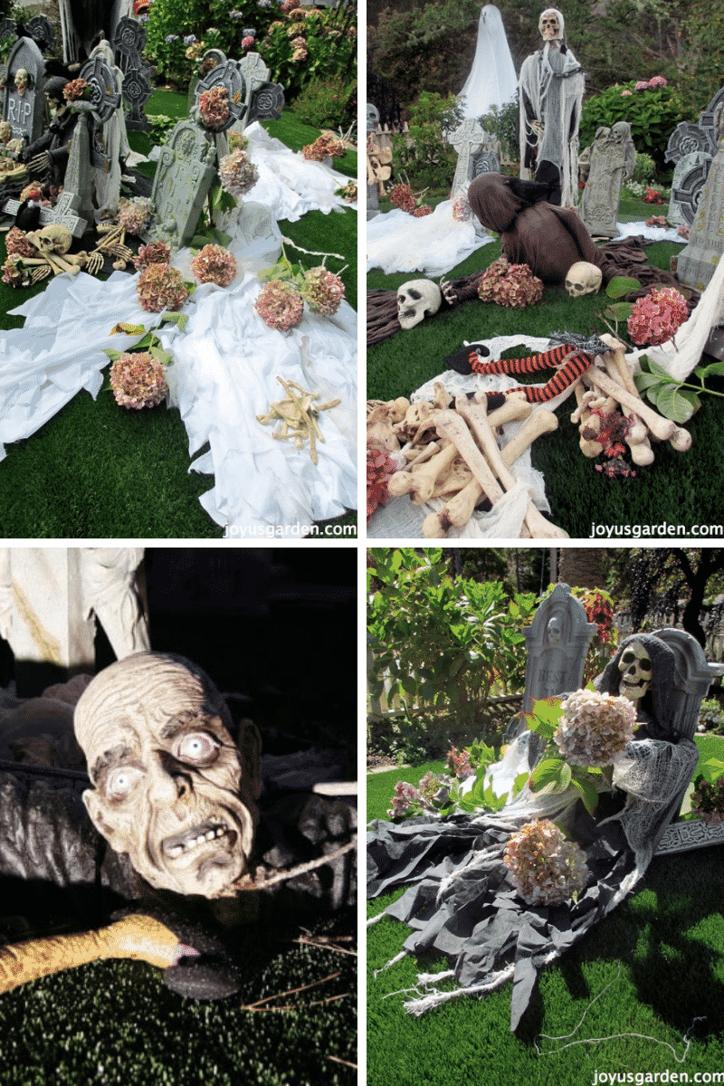 a collage of 4 photos in day time of halloween graveyard decor, dead flowers, skeletons, bones & tombstones