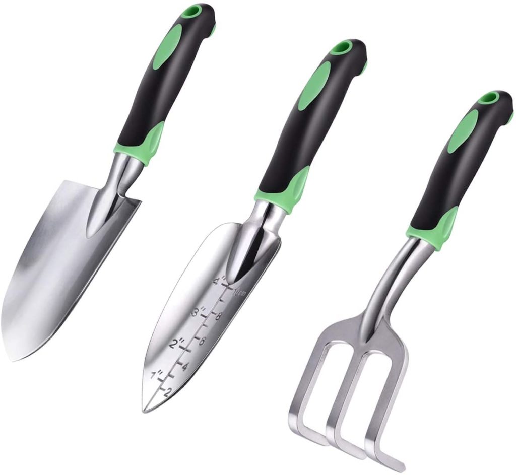 3 Pack garden tools including Hand Shovels, Trowel, Hand Rake from Amazon