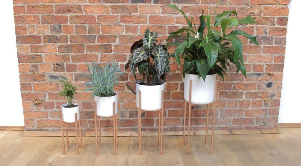 four white plant pots on copper mid-century modern stands