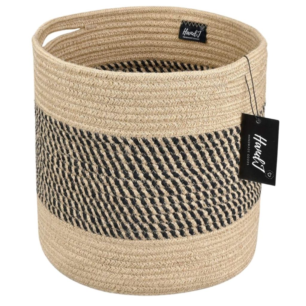 large jute rope plant basket with black design around the middle available at amazon