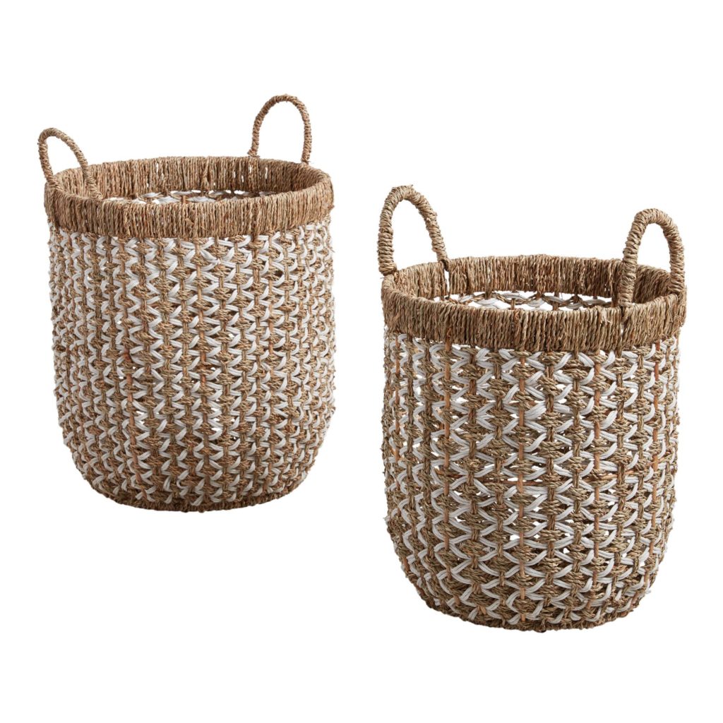 Woven Basket Cotton Rope Handle Round Natural Sea Grass Plant Clothes Storage 