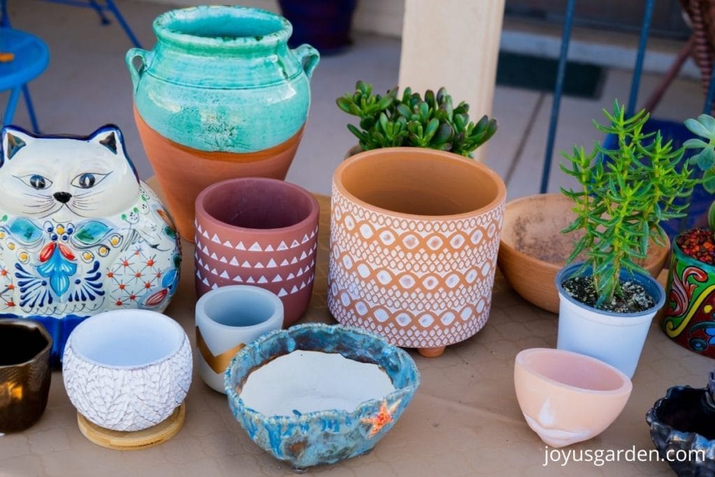 a variety of decorative ceramic & terra cotta pots for succulents