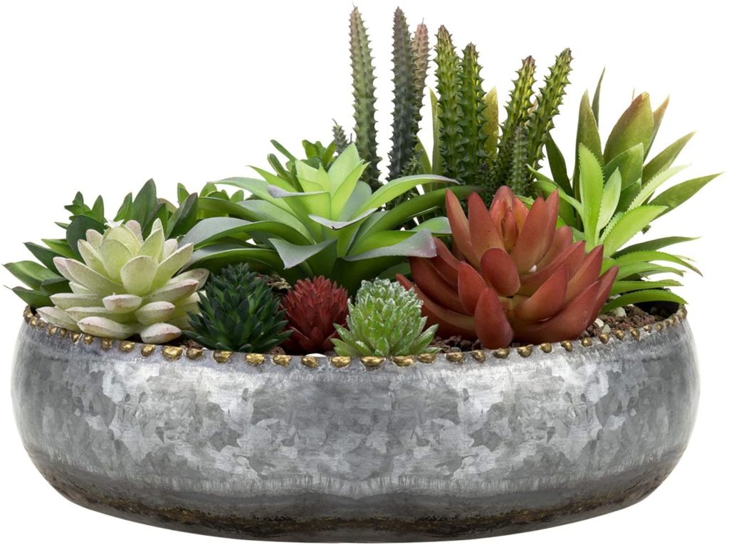 galvanized silver metal planter with an array of succulents inside available at Amazon