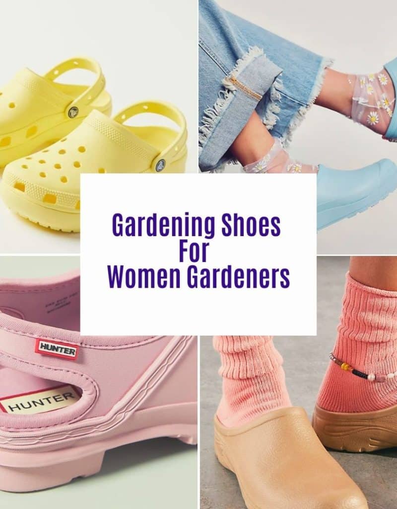 A photo collage with 4 different types & colors of women's gardening shoes the text reads gardening shoes for women gardeners.