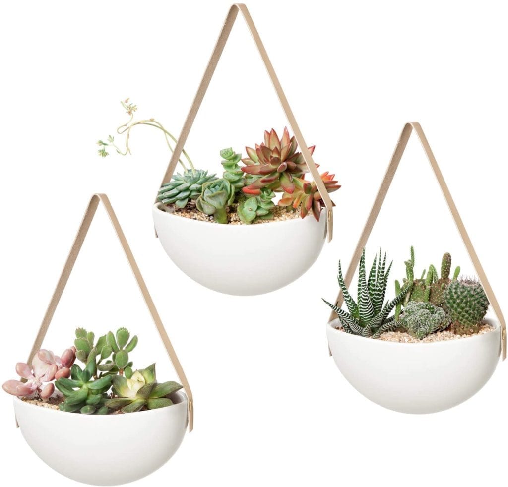 three ceramic white hanging planters from amazon