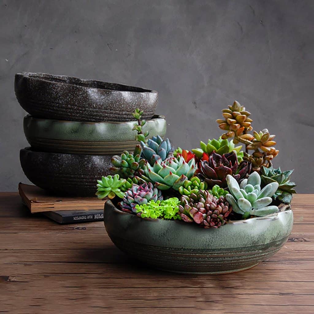 earth toned succulent ceramic pot with an array of succulents inside available at etsy