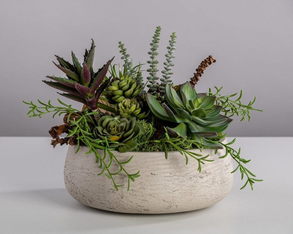 modern concrete planter with an array of succulents inside available at etsy