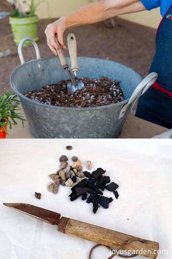 a collage consisting of 2 photos the top shows a tin bowl full of succulent mix & the lower a small trowel with drainage materials