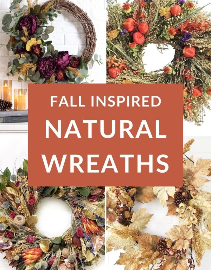 a collage of 4 beautiful fall wreaths & autumn wreaths the text reads fall inspired natural wreaths