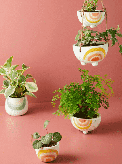 5 pots 2 are hanging pots with rainbow style design from anthropologie