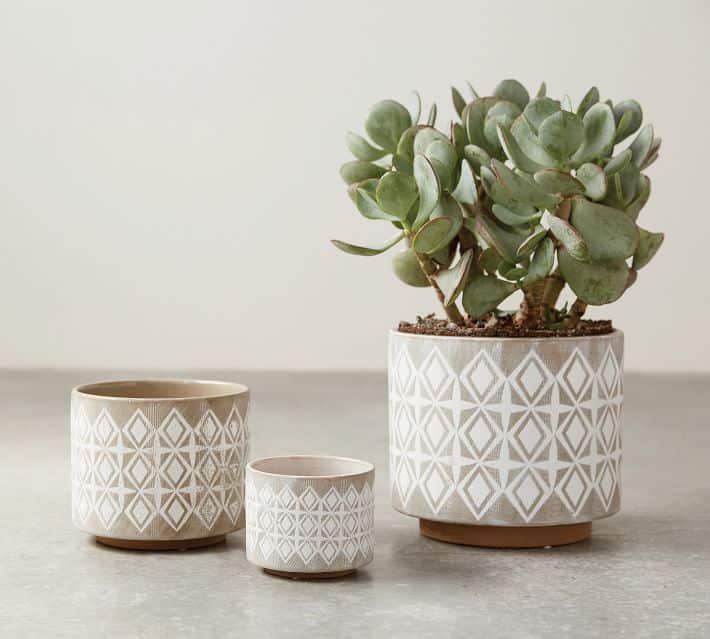 3 patterned stoneware planters with kaleidoscopic design from pottery barn