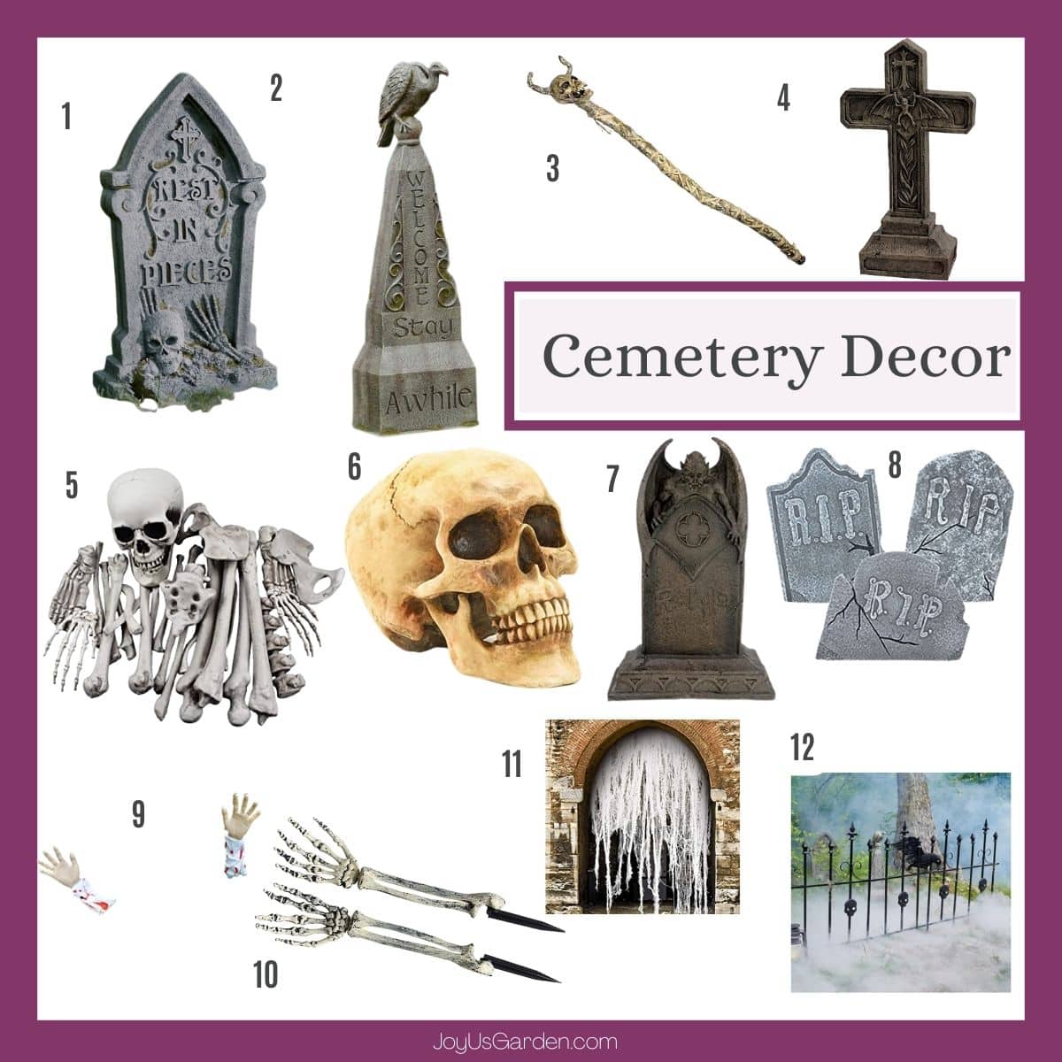 a collage of 12 cemetery decor items to buy online to use for a halloween graveyard scene