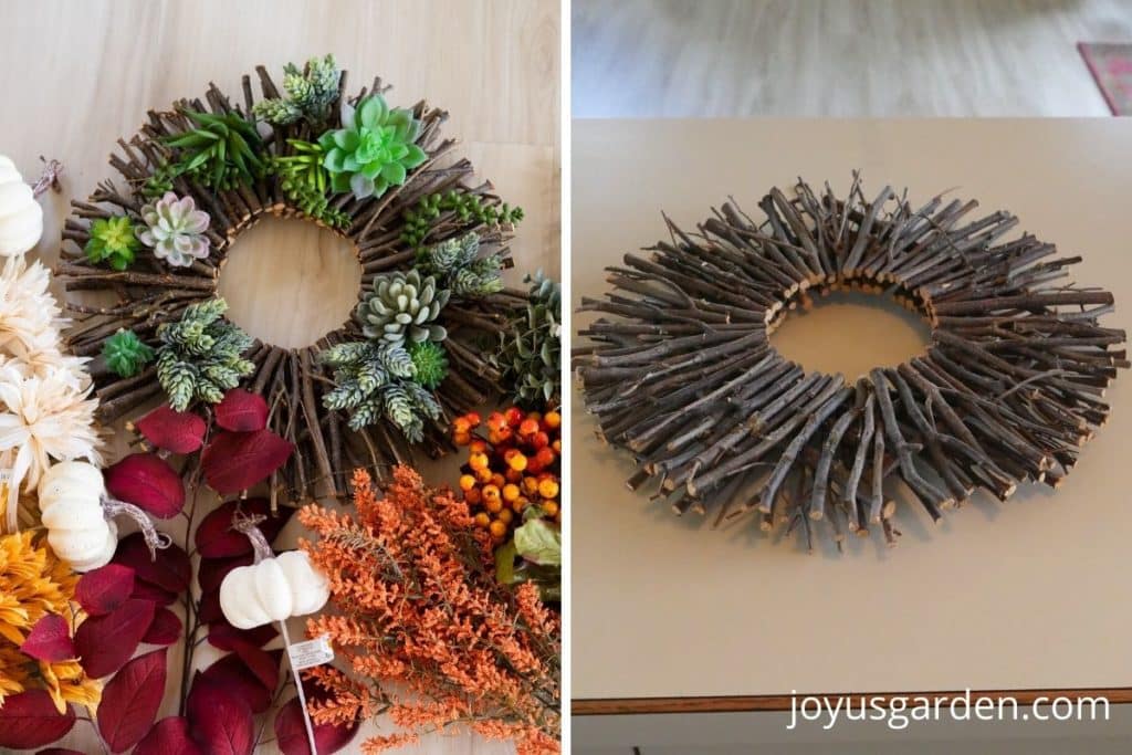 a twig wreath surrounded by fall decorative pumpkins, leaves, berries, and flowers