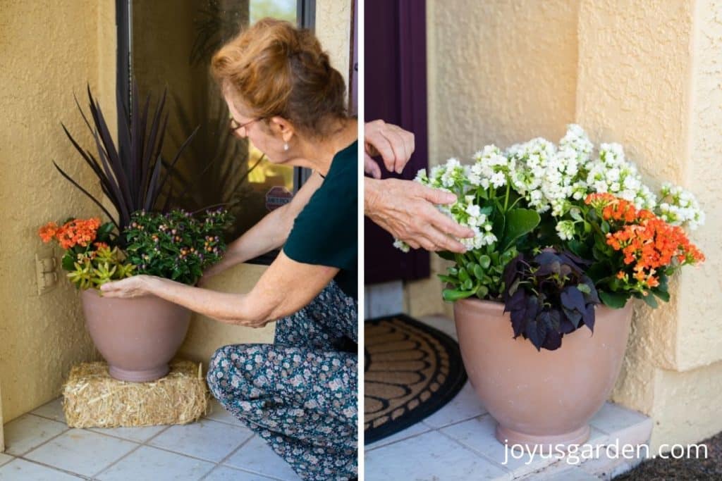 flowers and succulents in pots on top of a bale of hay