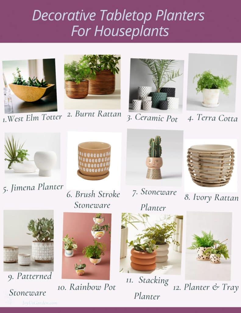 a collage showing 12 decorative pots for indoor plants the text at the top reads decorative tabletop planters for houseplants